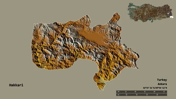 トルコ共和国のハカリ州の形で その首都はしっかりとした背景に隔離されています 距離スケール リージョンプレビュー およびラベル 地形図 3Dレンダリング — ストック写真