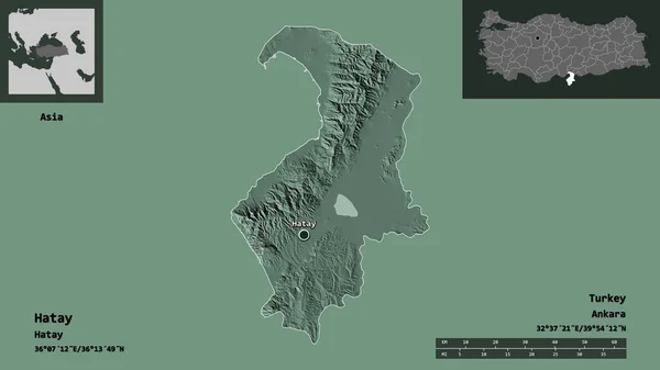 土耳其哈塔伊形状及其首都 距离刻度 预览和标签 彩色高程图 3D渲染 — 图库照片