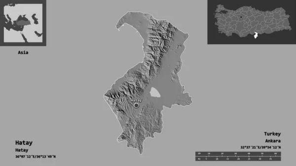 土耳其哈塔伊形状及其首都 距离刻度 预览和标签 Bilevel高程图 3D渲染 — 图库照片
