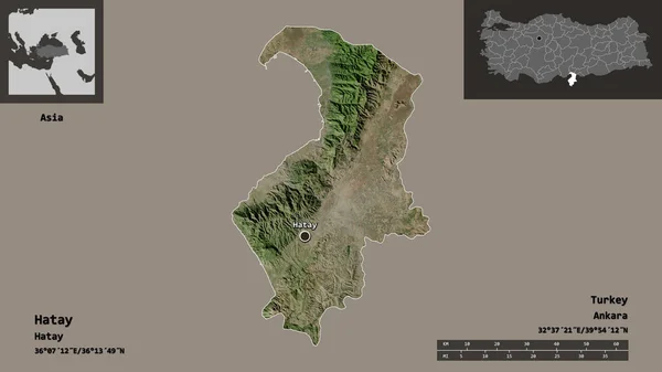 ハタイ トルコの州 およびその首都の形 距離スケール プレビューおよびラベル 衛星画像 3Dレンダリング — ストック写真
