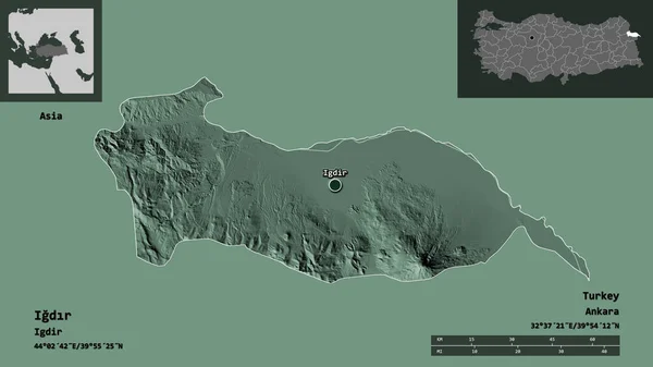 トルコのイグドル州とその首都の形 距離スケール プレビューおよびラベル 色の標高マップ 3Dレンダリング — ストック写真