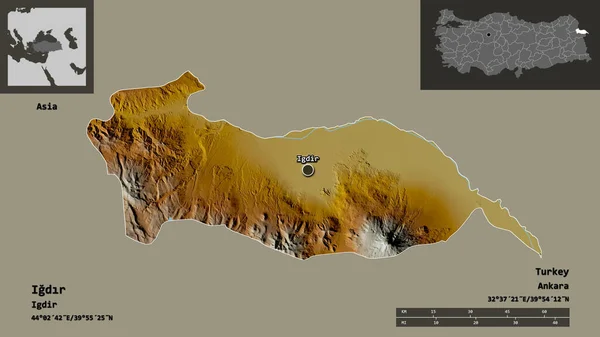 トルコのイグドル州とその首都の形 距離スケール プレビューおよびラベル 地形図 3Dレンダリング — ストック写真
