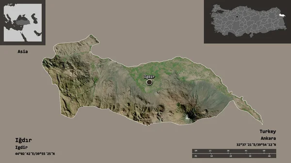 トルコのイグドル州とその首都の形 距離スケール プレビューおよびラベル 衛星画像 3Dレンダリング — ストック写真
