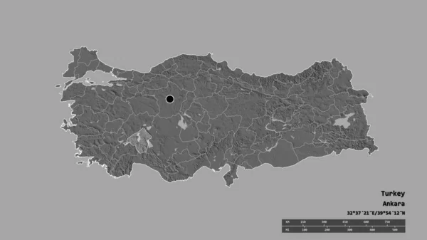 Desaturerad Form Turkiet Med Dess Huvudstad Huvudsakliga Regionala Indelning Och — Stockfoto