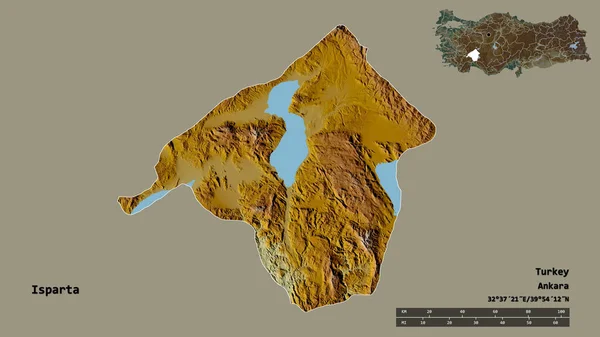 土耳其的伊斯帕塔省的形状 其首都在坚实的背景下与世隔绝 距离尺度 区域预览和标签 地形浮雕图 3D渲染 — 图库照片