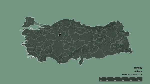 Förnedrad Form Turkiet Med Dess Huvudstad Huvudsakliga Regionala Indelning Och — Stockfoto