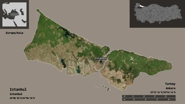 伊斯坦布尔的形状 土耳其的省 及其首都 距离刻度 预览和标签 卫星图像 3D渲染 — 图库照片