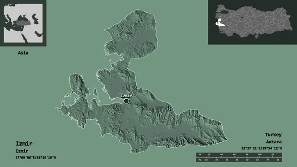 トルコのイズミル州とその首都の形 距離スケール プレビューおよびラベル 色の標高マップ 3Dレンダリング — ストック写真