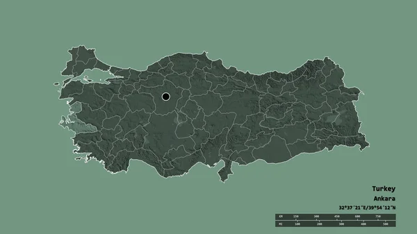 主要な地域部門と分離イズミル地域とトルコの荒廃した形状 ラベル 色の標高マップ 3Dレンダリング — ストック写真