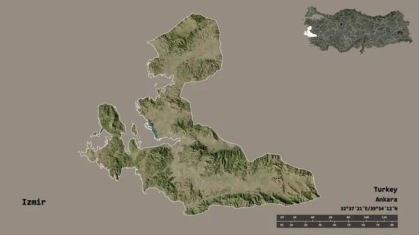 トルコの州 イズミルの形状は その首都はしっかりとした背景に隔離されています 距離スケール リージョンプレビュー およびラベル 衛星画像 3Dレンダリング — ストック写真