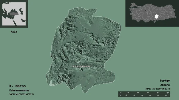 トルコの州であるK マラスとその首都の形 距離スケール プレビューおよびラベル 色の標高マップ 3Dレンダリング — ストック写真