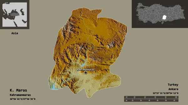 トルコの州であるK マラスとその首都の形 距離スケール プレビューおよびラベル 地形図 3Dレンダリング — ストック写真