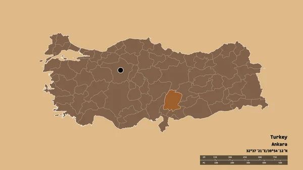 主要な地域部門と分離したK マラス地域とトルコの荒廃した形 ラベル パターン化されたテクスチャの構成 3Dレンダリング — ストック写真