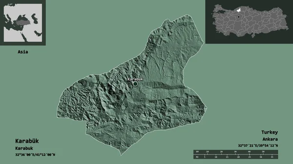 トルコの州カラブクとその首都の形 距離スケール プレビューおよびラベル 色の標高マップ 3Dレンダリング — ストック写真