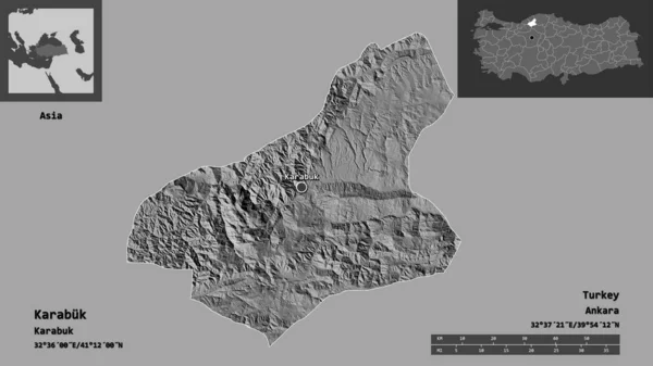 トルコの州カラブクとその首都の形 距離スケール プレビューおよびラベル 標高マップ 3Dレンダリング — ストック写真