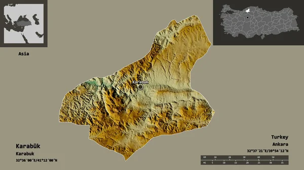 トルコの州カラブクとその首都の形 距離スケール プレビューおよびラベル 地形図 3Dレンダリング — ストック写真