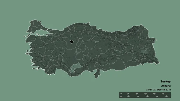 主要な地域部門と分離カラマン地域とトルコの荒廃した形 ラベル 色の標高マップ 3Dレンダリング — ストック写真