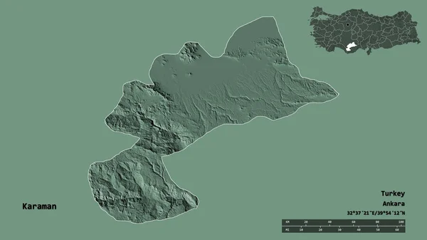 トルコの州カラマンの形は その首都はしっかりとした背景に隔離されています 距離スケール リージョンプレビュー およびラベル 色の標高マップ 3Dレンダリング — ストック写真