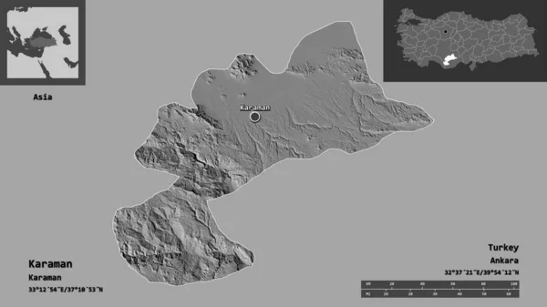 トルコの州カラマンとその首都の形 距離スケール プレビューおよびラベル 標高マップ 3Dレンダリング — ストック写真
