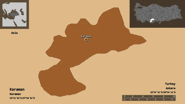 Form Karaman Provinsen Turkiet Och Dess Huvudstad Avståndsskala Förhandsvisningar Och — Stockfoto