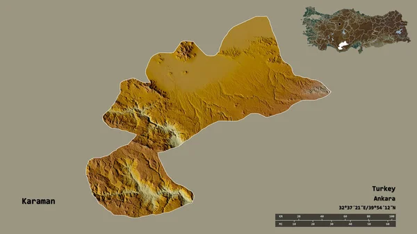 トルコの州カラマンの形は その首都はしっかりとした背景に隔離されています 距離スケール リージョンプレビュー およびラベル 地形図 3Dレンダリング — ストック写真