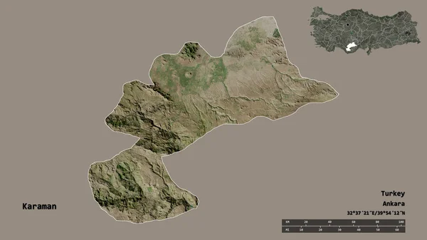 土耳其卡拉曼省的形状 其首都在坚实的背景下与世隔绝 距离尺度 区域预览和标签 卫星图像 3D渲染 — 图库照片