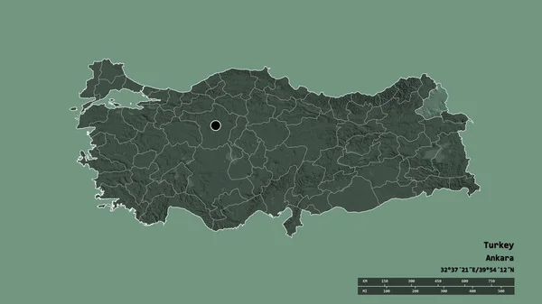 主要な地域部門と分離されたカルス地域とトルコの荒廃した形 ラベル 色の標高マップ 3Dレンダリング — ストック写真
