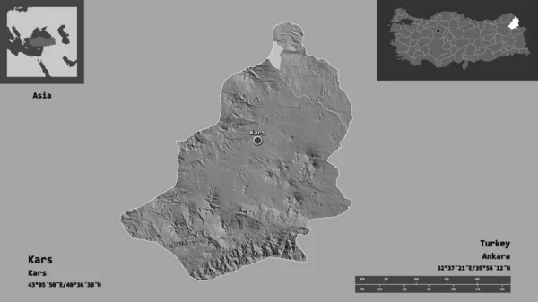 カルスの形 トルコの州 およびその首都 距離スケール プレビューおよびラベル 標高マップ 3Dレンダリング — ストック写真