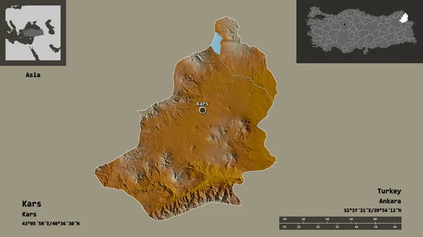 カルスの形 トルコの州 およびその首都 距離スケール プレビューおよびラベル 地形図 3Dレンダリング — ストック写真