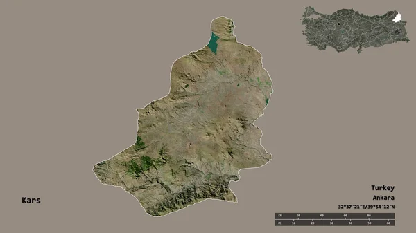 トルコの州 カルスの形は その首都をしっかりとした背景に隔離されています 距離スケール リージョンプレビュー およびラベル 衛星画像 3Dレンダリング — ストック写真