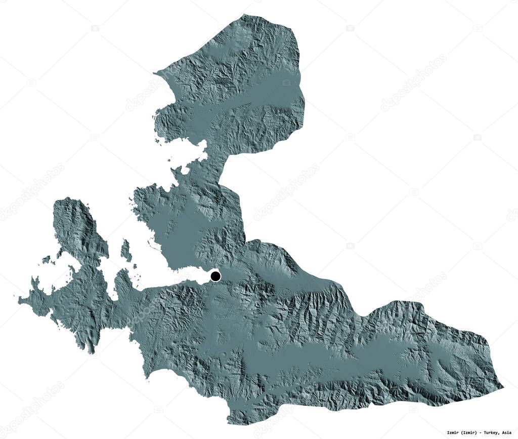 Shape of Izmir, province of Turkey, with its capital isolated on white background. Colored elevation map. 3D rendering