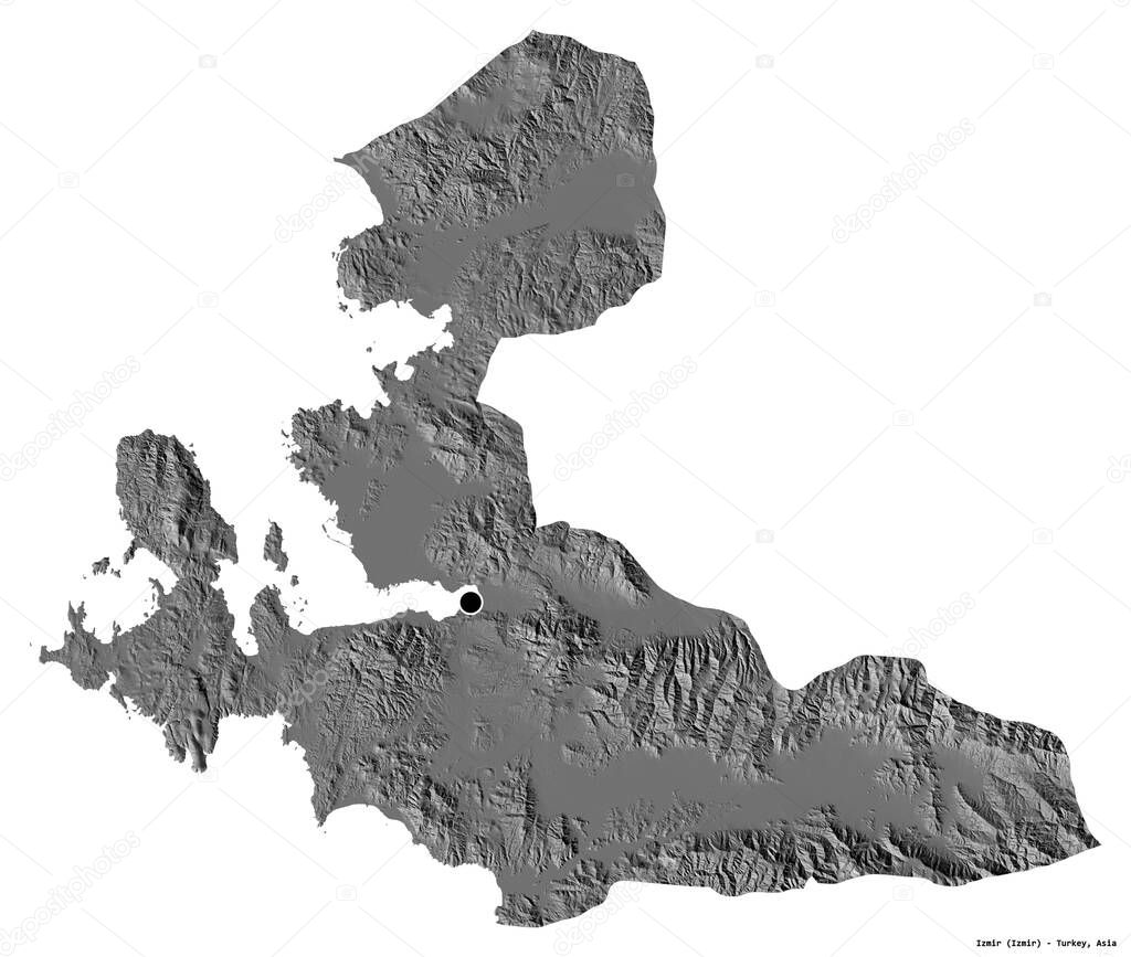 Shape of Izmir, province of Turkey, with its capital isolated on white background. Bilevel elevation map. 3D rendering