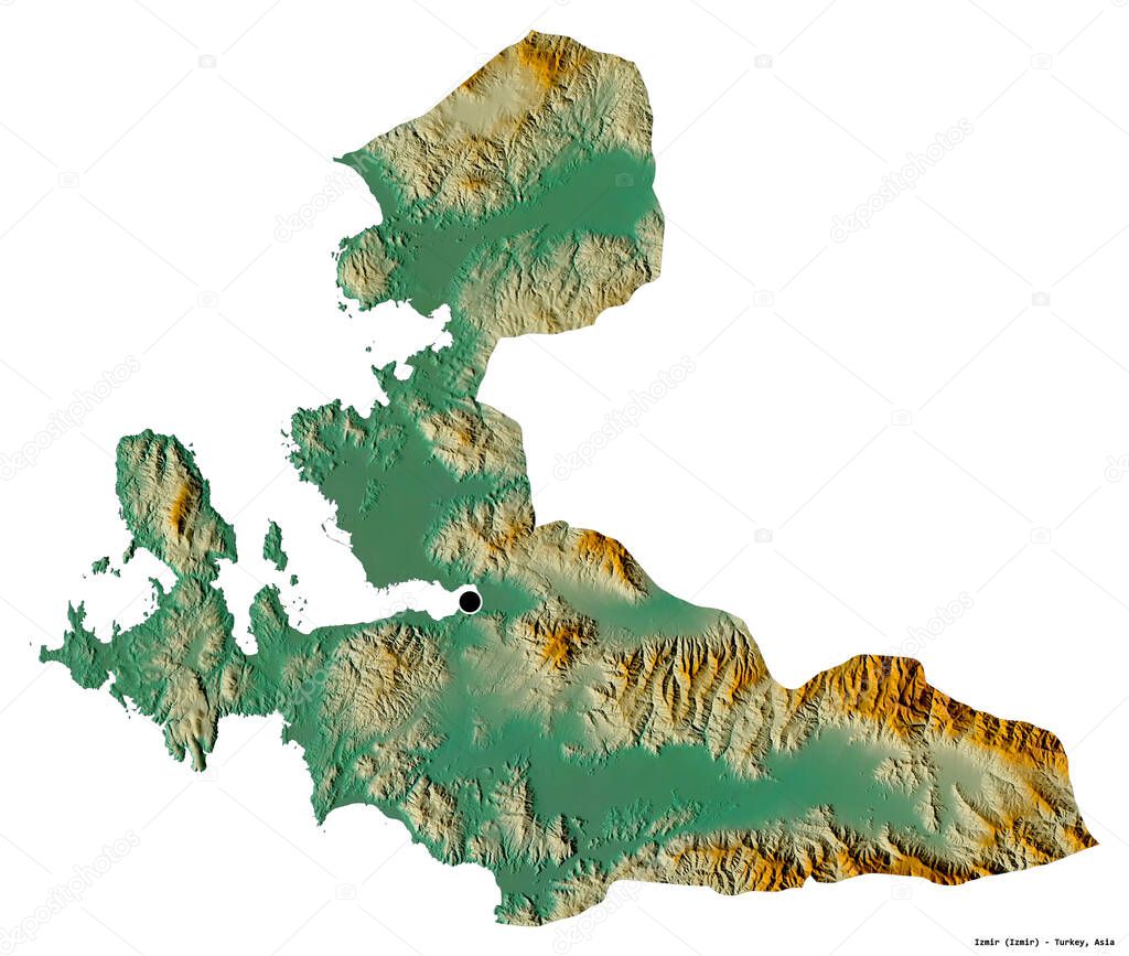 Shape of Izmir, province of Turkey, with its capital isolated on white background. Topographic relief map. 3D rendering