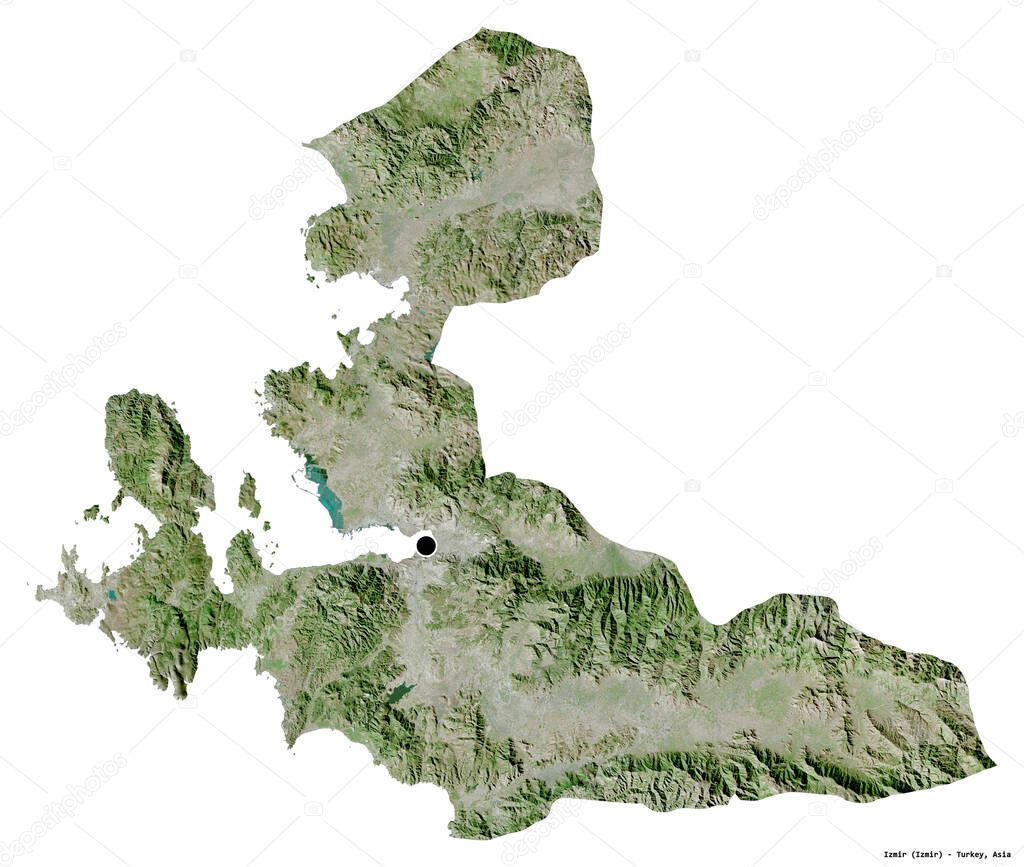 Shape of Izmir, province of Turkey, with its capital isolated on white background. Satellite imagery. 3D rendering