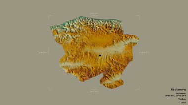 Türkiye 'nin Kastamonu ilçesi bir sınır kutusunda sağlam bir zemin üzerinde izole edilmiş durumda. Etiketler. Topografik yardım haritası. 3B görüntüleme