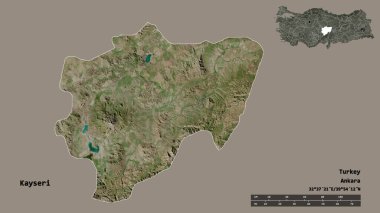 Türkiye 'nin Kayseri ilçesinin başkenti sağlam bir zemin üzerinde izole edilmiştir. Uzaklık ölçeği, bölge önizlemesi ve etiketleri. Uydu görüntüleri. 3B görüntüleme