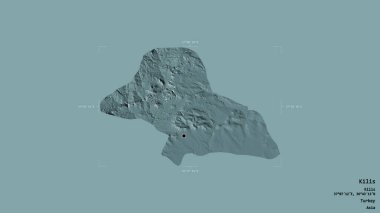Kilis Bölgesi, Türkiye 'de katı bir arka planda izole edilmiş bir sınır kutusunda. Etiketler. Renkli yükseklik haritası. 3B görüntüleme