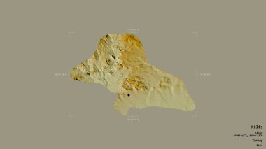 Kilis Bölgesi, Türkiye 'de katı bir arka planda izole edilmiş bir sınır kutusunda. Etiketler. Topografik yardım haritası. 3B görüntüleme