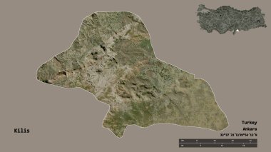Kilis, Türkiye 'nin başkenti, sağlam bir zemin üzerinde izole edilmiş. Uzaklık ölçeği, bölge önizlemesi ve etiketleri. Uydu görüntüleri. 3B görüntüleme