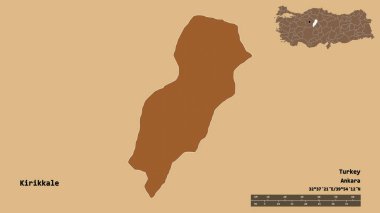 Türkiye 'nin Kirikkale kenti, başkenti sağlam bir zemin üzerinde izole edilmiş durumda. Uzaklık ölçeği, bölge önizlemesi ve etiketleri. Desenli dokuların bileşimi. 3B görüntüleme