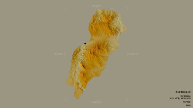Türkiye 'nin Kirikkale ilçesi bölgesi, jeoreferatlı bir sınır kutusunda sağlam bir zemin üzerinde izole edilmiş durumda. Etiketler. Topografik yardım haritası. 3B görüntüleme