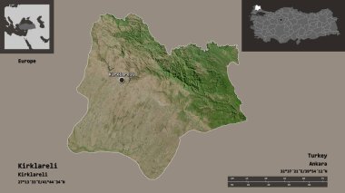 Türkiye 'nin Kirklareli ili ve başkenti. Uzaklık ölçeği, ön gösterimler ve etiketler. Uydu görüntüleri. 3B görüntüleme