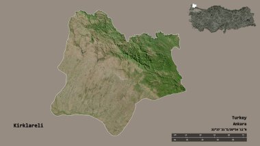 Türkiye 'nin Kirklareli ilçesinin başkenti sağlam bir zemin üzerinde izole edilmiştir. Uzaklık ölçeği, bölge önizlemesi ve etiketleri. Uydu görüntüleri. 3B görüntüleme
