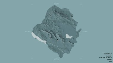 Türkiye 'nin Kirsehir ilçesi bir sınır kutusunda sağlam bir arka planda izole edilmiş durumda. Etiketler. Renkli yükseklik haritası. 3B görüntüleme