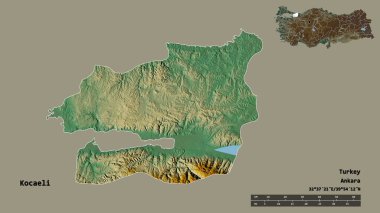 Türkiye 'nin Kocaeli ilçesi, başkenti sağlam bir zemin üzerinde izole edilmiş durumda. Uzaklık ölçeği, bölge önizlemesi ve etiketleri. Topografik yardım haritası. 3B görüntüleme
