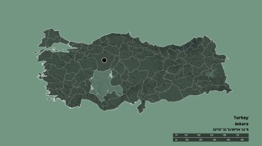 Başkenti, ana bölgesel bölünmesi ve bölünmüş Konya bölgesi ile Türkiye 'nin dejenere edilmiş şekli. Etiketler. Renkli yükseklik haritası. 3B görüntüleme