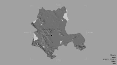 Türkiye 'nin Konya ilçesi bir sınır kutusunda sağlam bir zemin üzerinde izole edilmiş durumda. Etiketler. Çift seviyeli yükseklik haritası. 3B görüntüleme