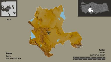 Türkiye 'nin Konya ili ve başkenti. Uzaklık ölçeği, ön gösterimler ve etiketler. Topografik yardım haritası. 3B görüntüleme