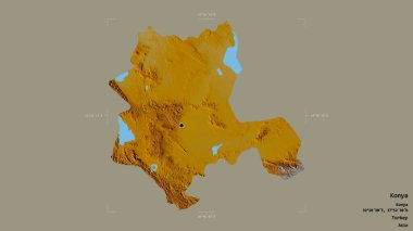 Türkiye 'nin Konya ilçesi bir sınır kutusunda sağlam bir zemin üzerinde izole edilmiş durumda. Etiketler. Topografik yardım haritası. 3B görüntüleme