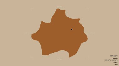 Kutahya bölgesi, Türkiye 'nin Kutahya ilçesi, jeoreferatlı bir sınır kutusunun sağlam bir arka planında izole edildi. Etiketler. Desenli dokuların bileşimi. 3B görüntüleme